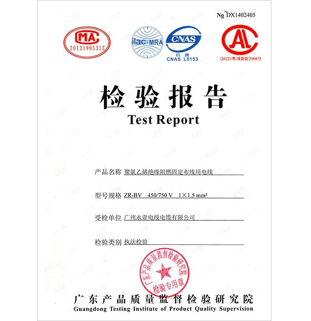 檢驗報告ZR-BV450/750V
